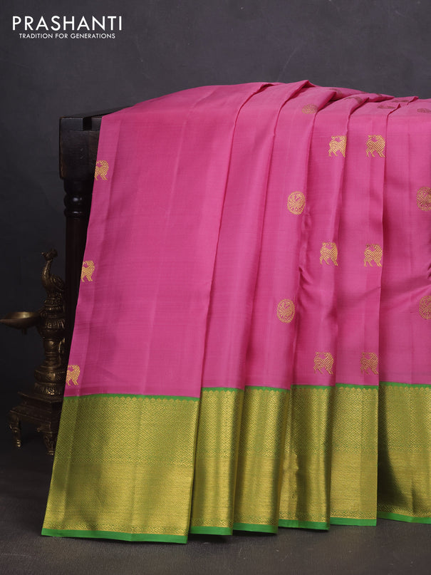 Pure kanchipuram silk saree pink and green with zari woven buttas and rich zari woven korvai border