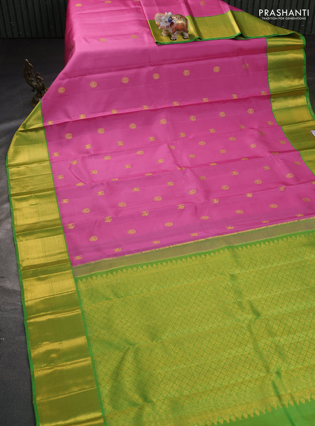 Pure kanchipuram silk saree pink and green with zari woven buttas and rich zari woven korvai border