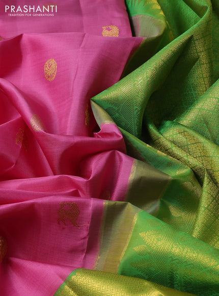Pure kanchipuram silk saree pink and green with zari woven buttas and rich zari woven korvai border
