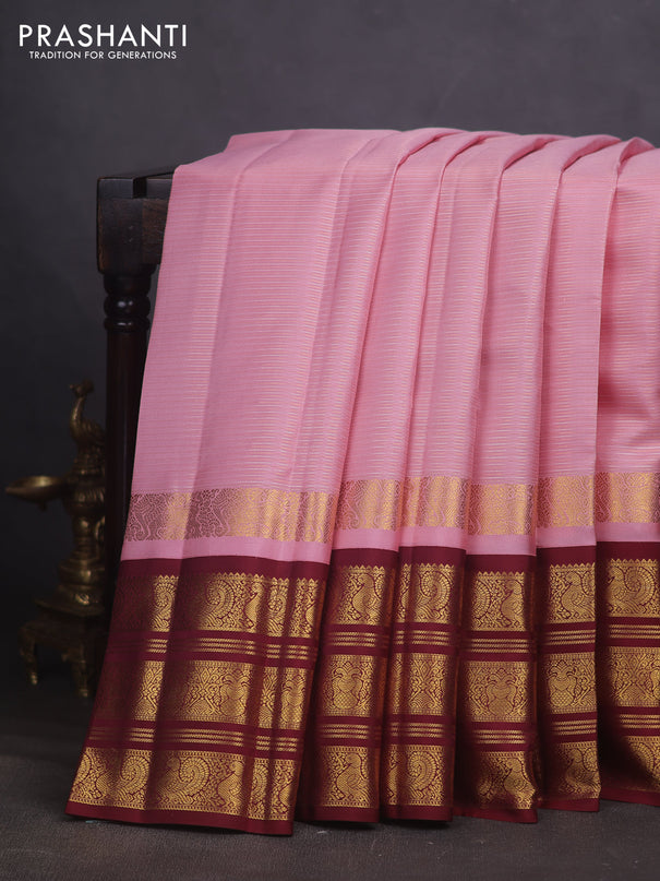 Pure kanchipuram silk saree mild peach pink and maroon with allover silver & gold zari stripe pattern and long zari woven border