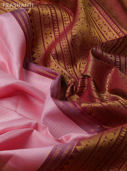 Pure kanchipuram silk saree mild peach pink and maroon with allover silver & gold zari stripe pattern and long zari woven border