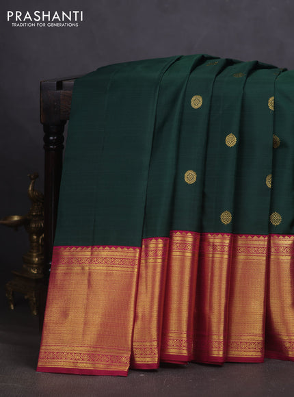 Pure kanchipuram silk saree bottle green and pink with zari woven buttas and long zari woven border