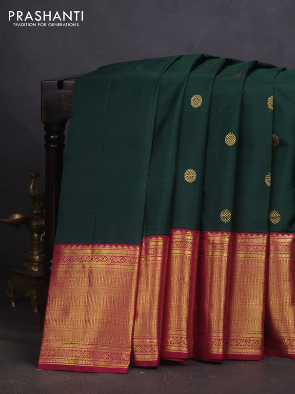 Pure kanchipuram silk saree bottle green and pink with zari woven buttas and long zari woven border