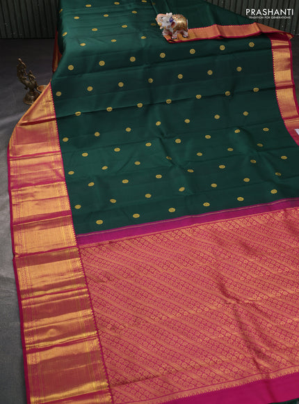 Pure kanchipuram silk saree bottle green and pink with zari woven buttas and long zari woven border