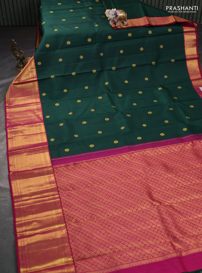 Pure kanchipuram silk saree bottle green and pink with zari woven buttas and long zari woven border