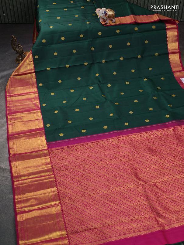 Pure kanchipuram silk saree bottle green and pink with zari woven buttas and long zari woven border