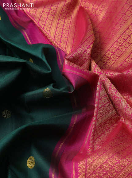 Pure kanchipuram silk saree bottle green and pink with zari woven buttas and long zari woven border