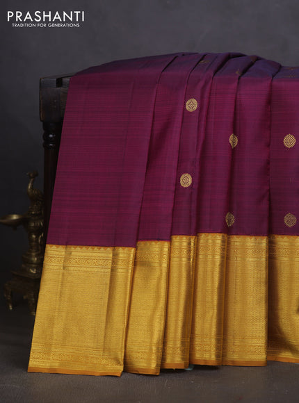 Pure kanchipuram silk saree dual shade of wine and mustard yellow with rudhraksha zari woven buttas and long zari woven border