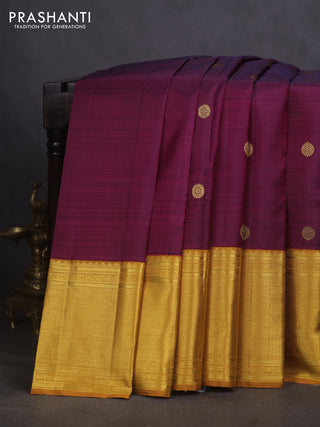 Pure kanchipuram silk saree dual shade of wine and mustard yellow with rudhraksha zari woven buttas and long zari woven border
