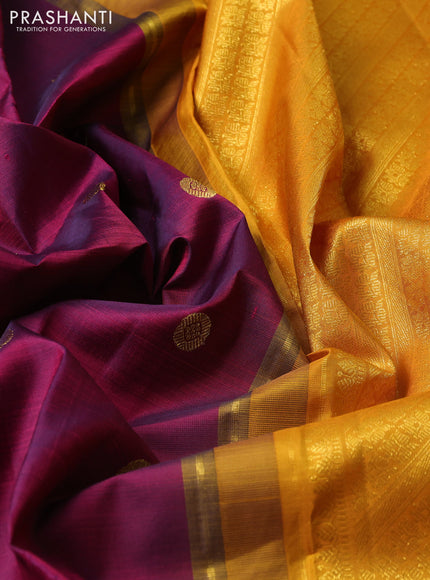 Pure kanchipuram silk saree dual shade of wine and mustard yellow with rudhraksha zari woven buttas and long zari woven border