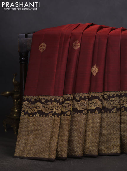 Pure kanchipuram silk saree maroon and coffee brown with zari woven buttas and long zari woven border