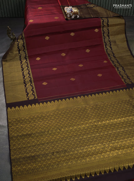 Pure kanchipuram silk saree maroon and coffee brown with zari woven buttas and long zari woven border