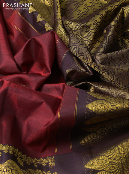 Pure kanchipuram silk saree maroon and coffee brown with zari woven buttas and long zari woven border