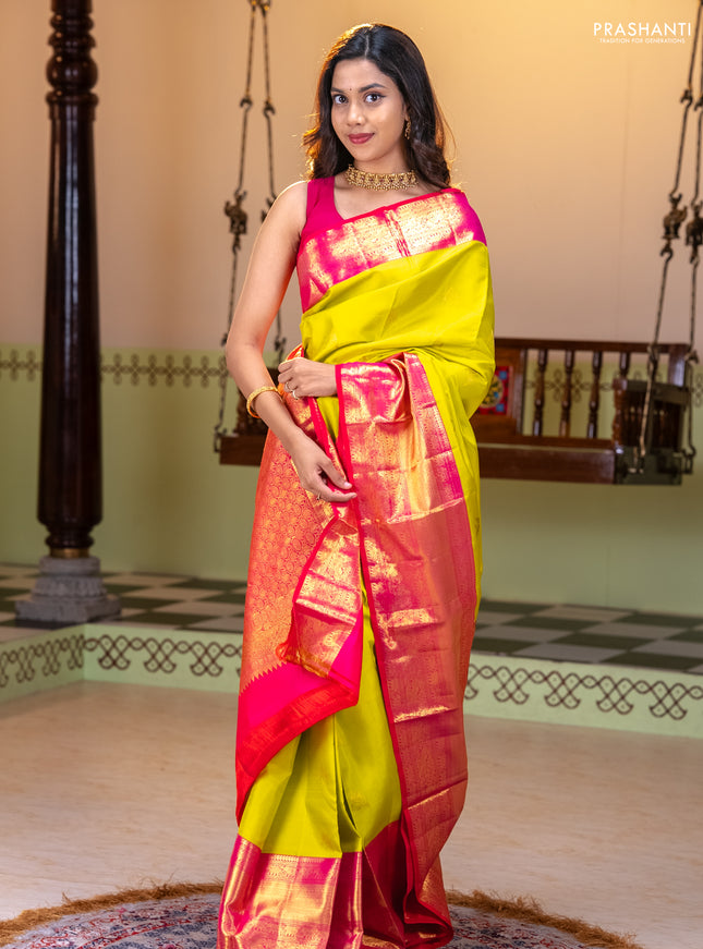 Pure kanchipuram silk saree lime yellow and dual shade of pink with zari woven buttas and long zari woven border