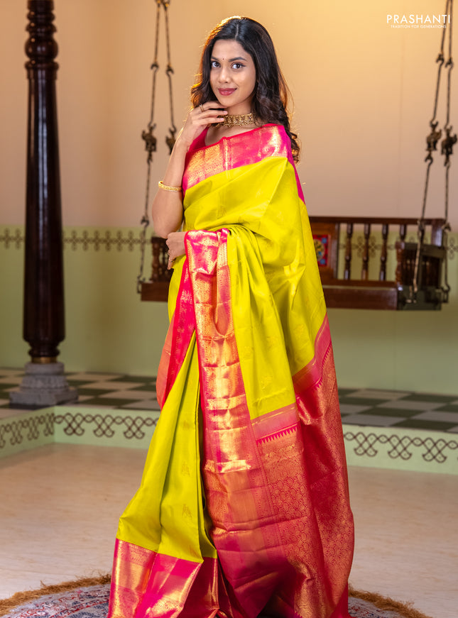 Pure kanchipuram silk saree lime yellow and dual shade of pink with zari woven buttas and long zari woven border