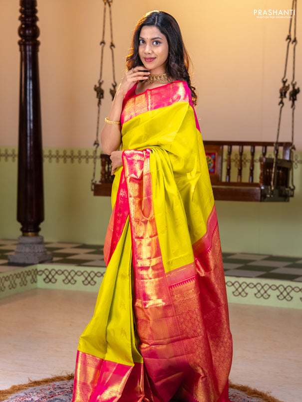 Pure kanchipuram silk saree lime yellow and dual shade of pink with zari woven buttas and long zari woven border