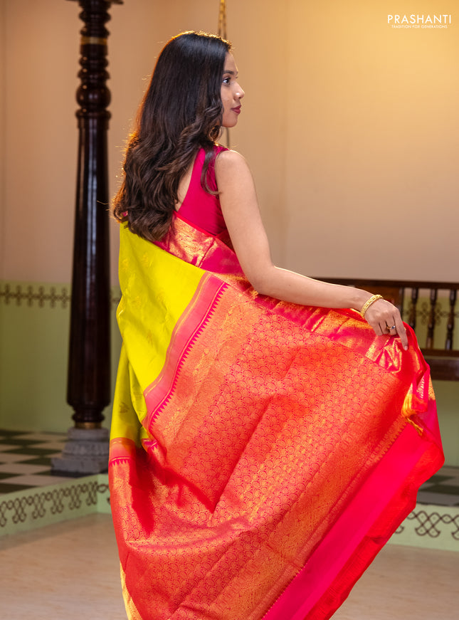 Pure kanchipuram silk saree lime yellow and dual shade of pink with zari woven buttas and long zari woven border