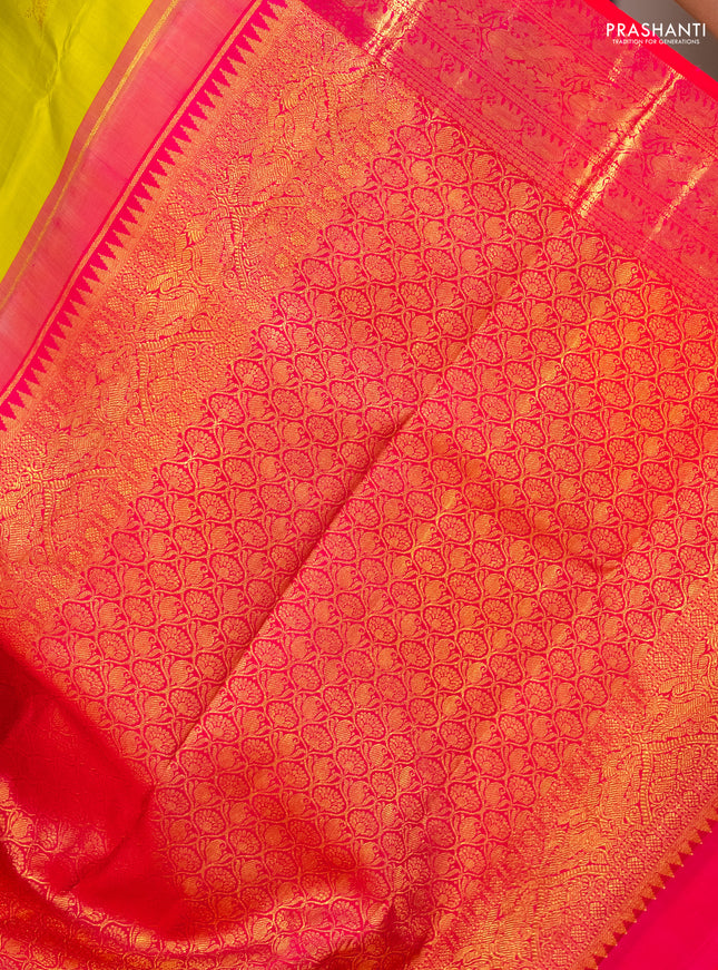 Pure kanchipuram silk saree lime yellow and dual shade of pink with zari woven buttas and long zari woven border