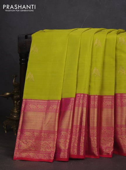 Pure kanchipuram silk saree lime yellow and dual shade of pink with zari woven buttas and long zari woven border