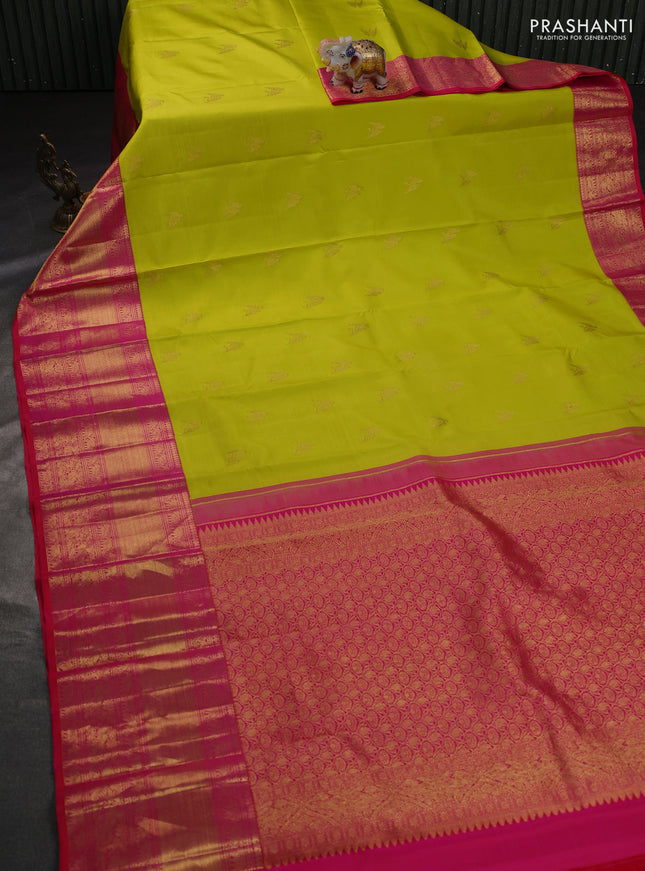 Pure kanchipuram silk saree lime yellow and dual shade of pink with zari woven buttas and long zari woven border