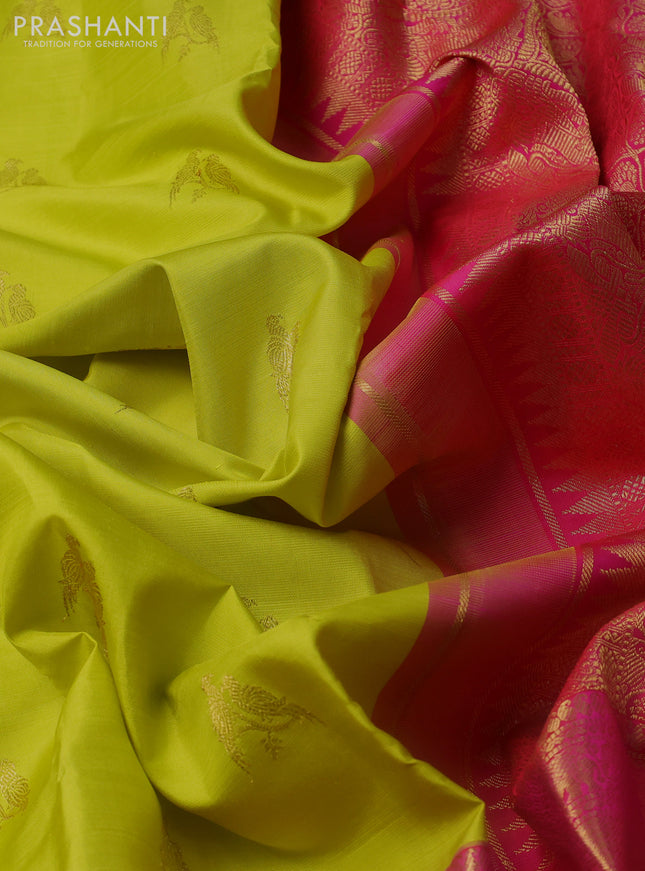 Pure kanchipuram silk saree lime yellow and dual shade of pink with zari woven buttas and long zari woven border