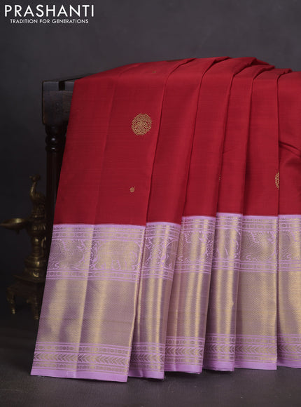 Pure kanchipuram silk saree red and lavender with zari woven buttas and long zari woven border