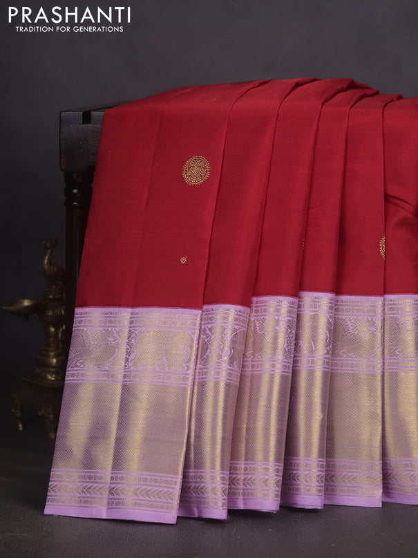 Pure kanchipuram silk saree red and lavender with zari woven buttas and long zari woven border