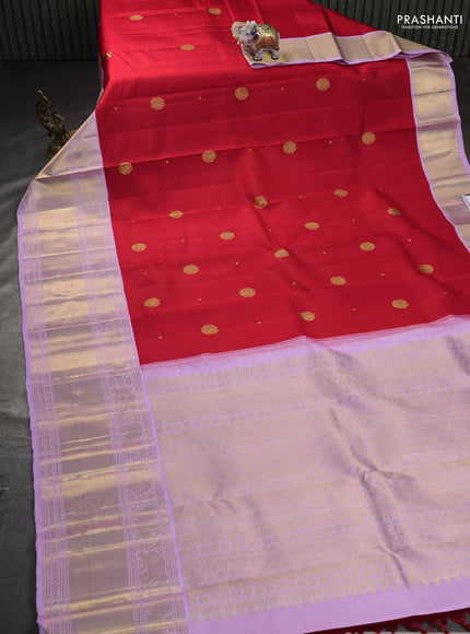 Pure kanchipuram silk saree red and lavender with zari woven buttas and long zari woven border