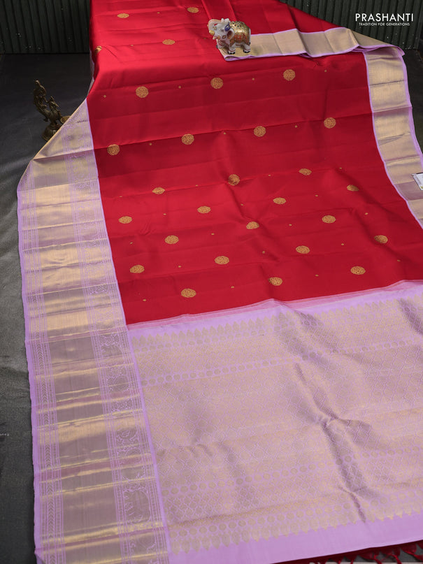 Pure kanchipuram silk saree red and lavender with zari woven buttas and long zari woven border