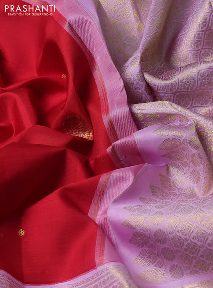 Pure kanchipuram silk saree red and lavender with zari woven buttas and long zari woven border