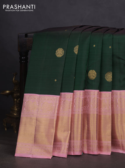 Pure kanchipuram silk saree bottle green and peach pink with zari woven buttas and long zari woven korvai border