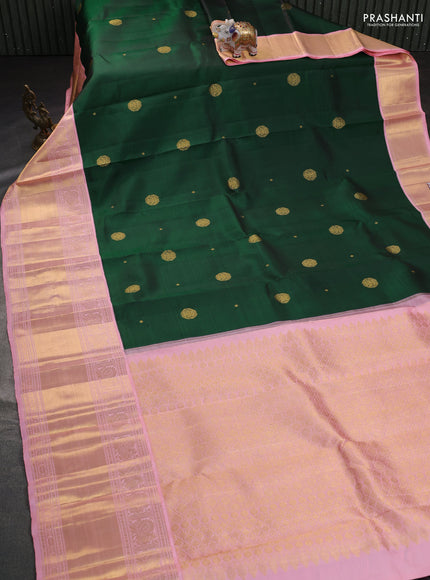 Pure kanchipuram silk saree bottle green and peach pink with zari woven buttas and long zari woven korvai border