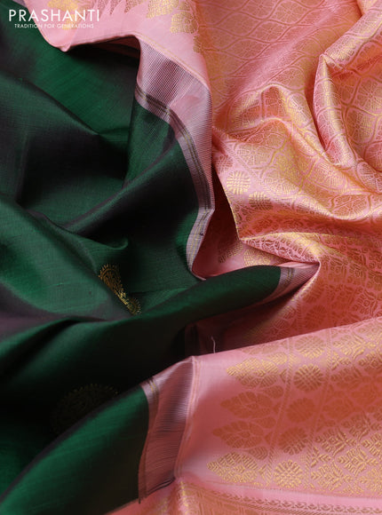 Pure kanchipuram silk saree bottle green and peach pink with zari woven buttas and long zari woven korvai border