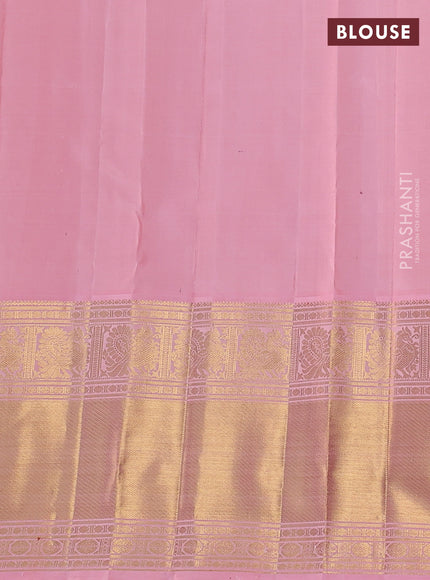 Pure kanchipuram silk saree bottle green and peach pink with zari woven buttas and long zari woven korvai border