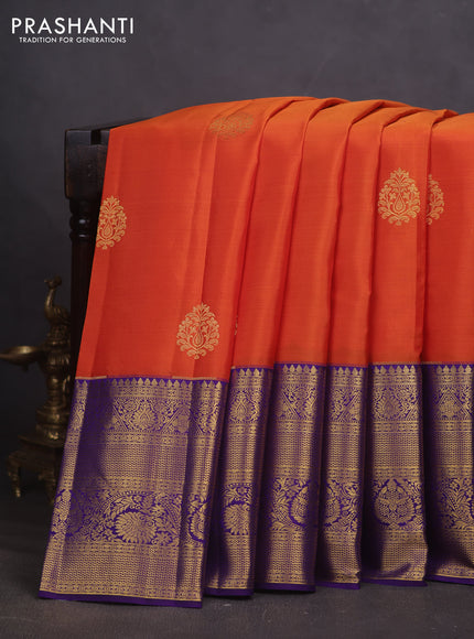 Pure kanchipuram silk saree orange and violet with zari woven buttas and long zari woven border