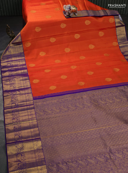 Pure kanchipuram silk saree orange and violet with zari woven buttas and long zari woven border