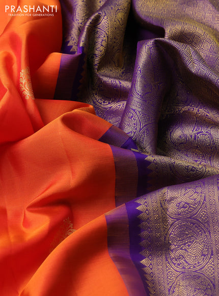 Pure kanchipuram silk saree orange and violet with zari woven buttas and long zari woven border