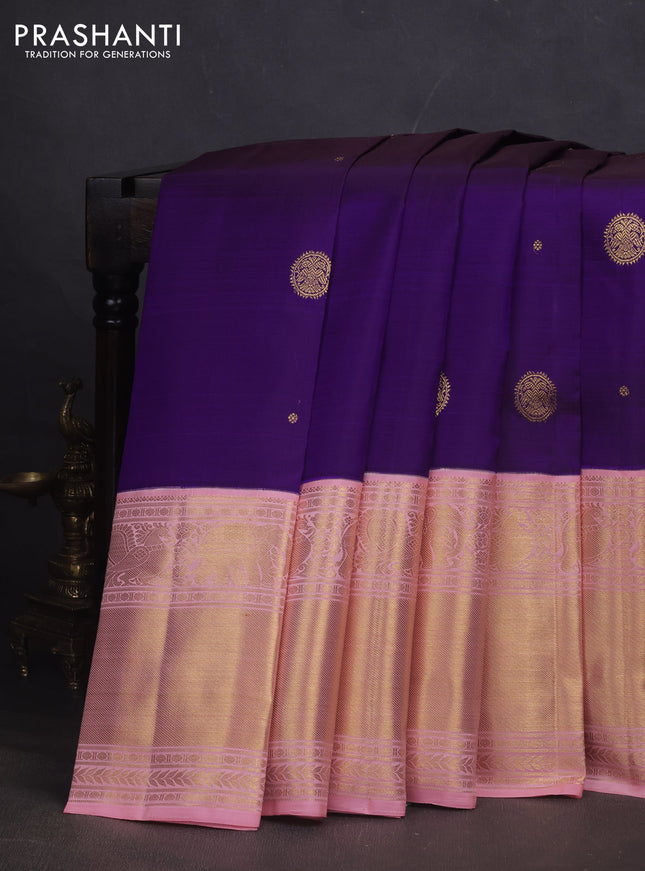 Pure kanchipuram silk saree violet and peach shade with zari woven buttas and long zari woven korvai border