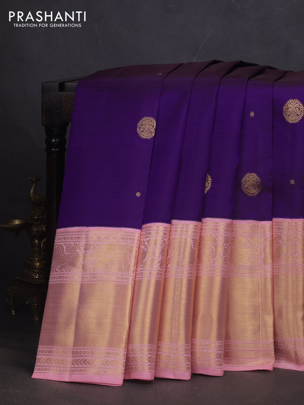 Pure kanchipuram silk saree violet and peach shade with zari woven buttas and long zari woven korvai border