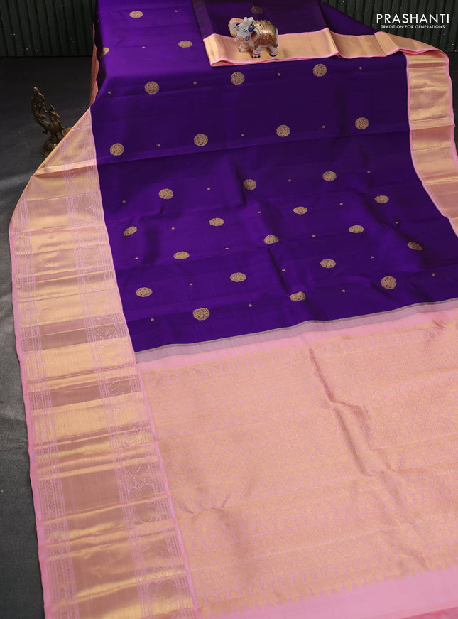 Pure kanchipuram silk saree violet and peach shade with zari woven buttas and long zari woven korvai border