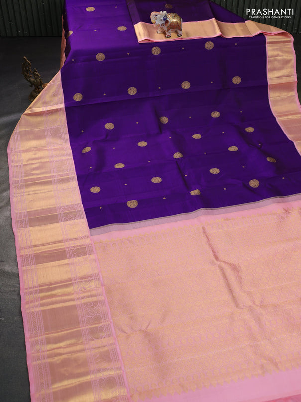 Pure kanchipuram silk saree violet and peach shade with zari woven buttas and long zari woven korvai border