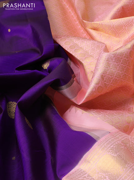 Pure kanchipuram silk saree violet and peach shade with zari woven buttas and long zari woven korvai border