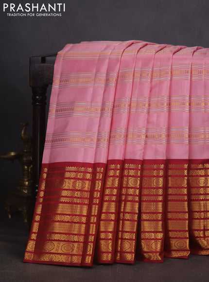 Pure kanchipuram silk saree peach shade and maroon with allover gold & silver zari weaves and long zari woven border