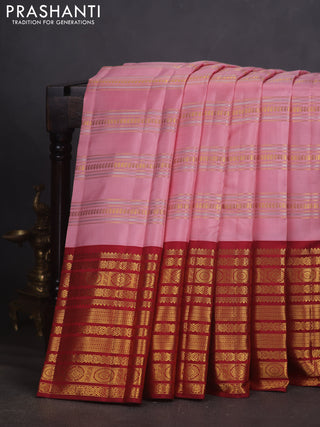 Pure kanchipuram silk saree peach shade and maroon with allover gold & silver zari weaves and long zari woven border