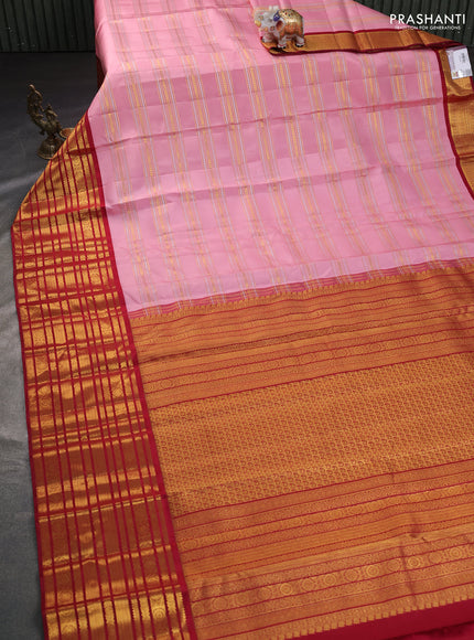 Pure kanchipuram silk saree peach shade and maroon with allover gold & silver zari weaves and long zari woven border