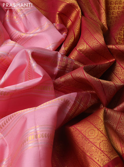 Pure kanchipuram silk saree peach shade and maroon with allover gold & silver zari weaves and long zari woven border