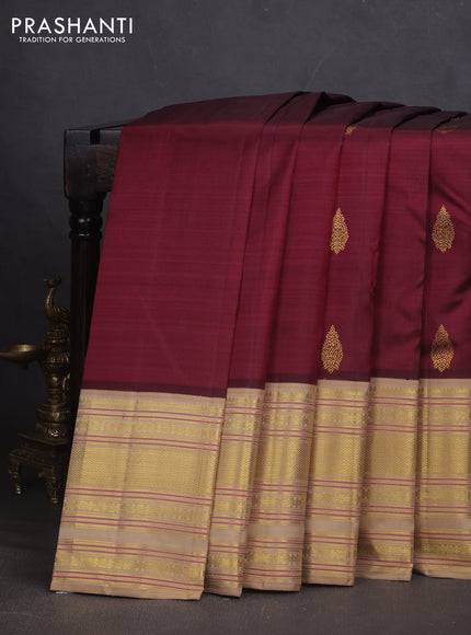 Pure kanchipuram silk saree maroon and sandal with zari woven buttas and long zari woven border