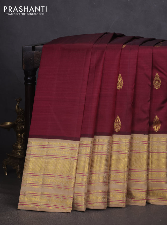 Pure kanchipuram silk saree maroon and sandal with zari woven buttas and long zari woven border
