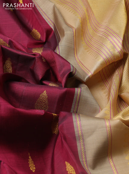 Pure kanchipuram silk saree maroon and sandal with zari woven buttas and long zari woven border