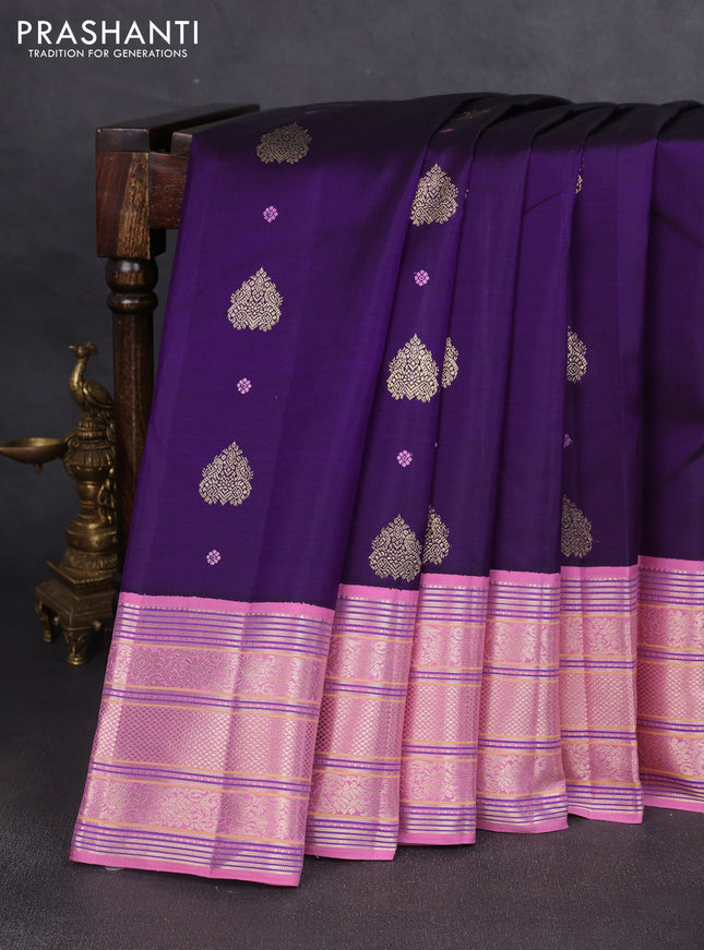 Pure kanchipuram silk saree purple and light pink with thread & zari woven buttas and rich zari woven korvai border